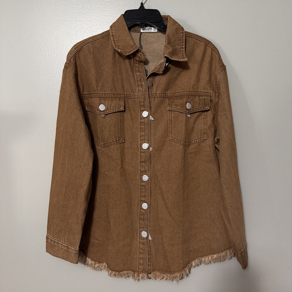 Zeagoo Women's Medium Brown Cotton Denim Long Sleeve Button-Up Shirt Jacket